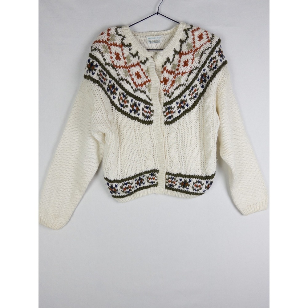 VTG Knitted By Hand Sweater‎ Ramie Blend Womens M Cableknit Colorful Fair Isle